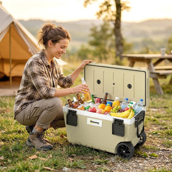 Koelbox van 70 liter - grote passieve thermobox - houdt tot 72 uur koel - met PU - schuimisolatie - wielen - aftapkraan en handvat. — afbeelding 3