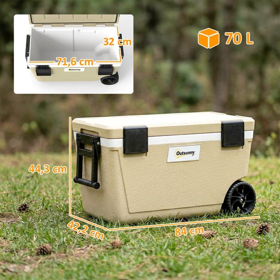 Koelbox van 70 liter - grote passieve thermobox - houdt tot 72 uur koel - met PU - schuimisolatie - wielen - aftapkraan en handvat. — afbeelding 4