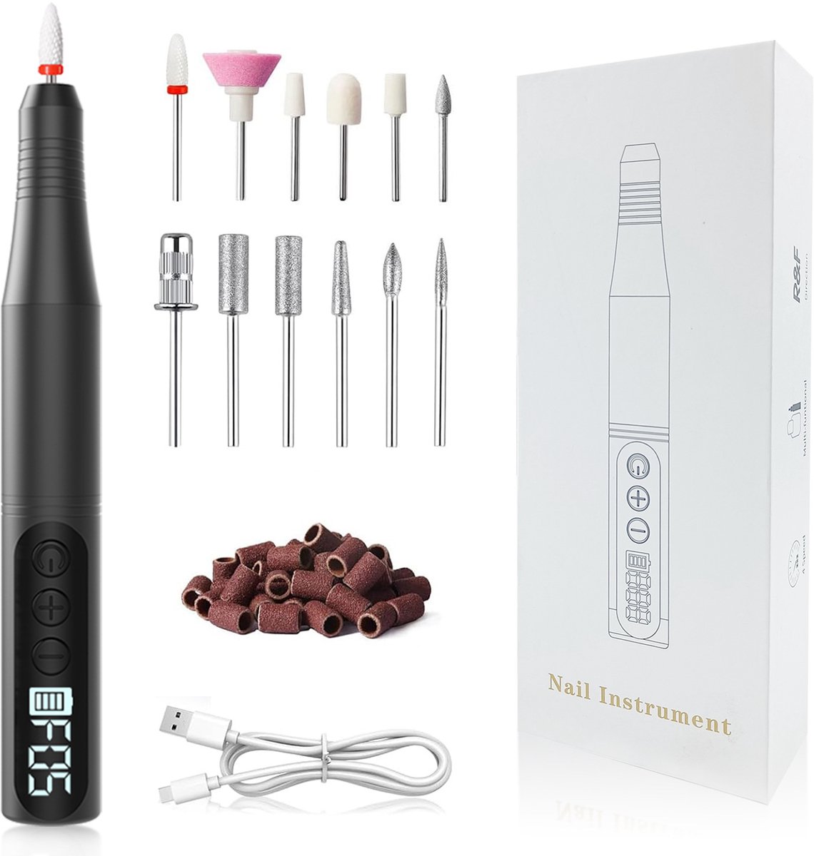 Nagelfrees – Elektrische nagelvijl – Manicure-instrument – ​​Nail-art-instrument- - Elektrische Nagelvijl - Nagelfrees -Manicure & Pedicure Set - HX-09 Grijs [Premium-set: 12 freesbitjes + 36 schuurbandjes]