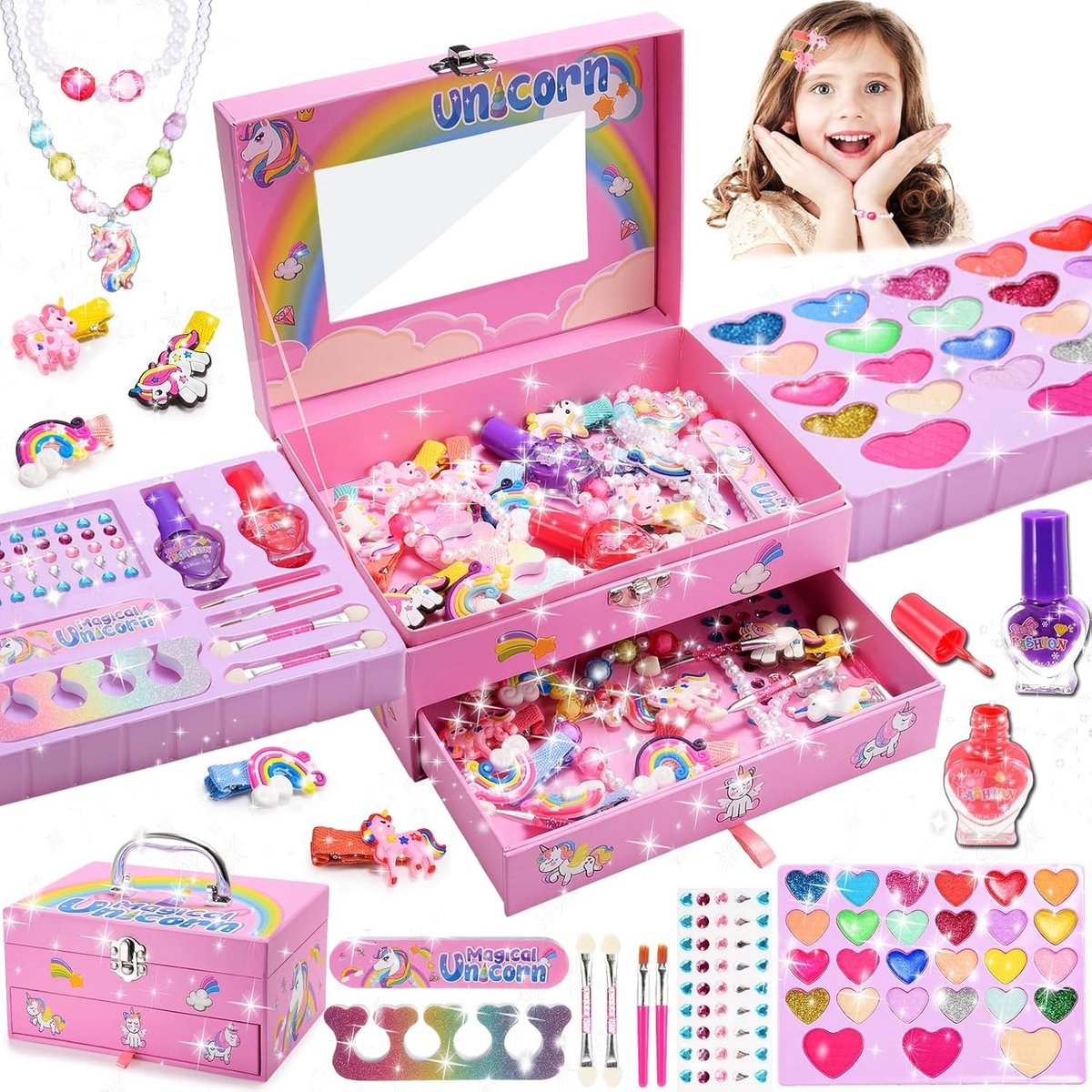 Make-upkoffer voor meisjes - Roze - Compacte kinderschminkset met accessoires - Veilig en afwasbaar speelgoed