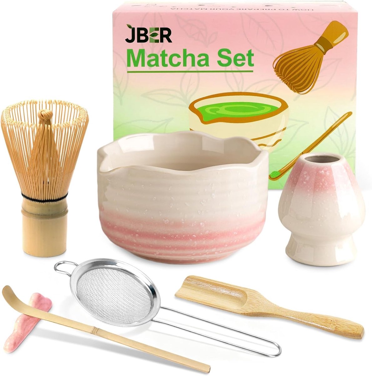 Matcha set - Roze Kleurverloop - 7-delig - Bamboe en Keramiek - Voor Matcha Theeceremonie