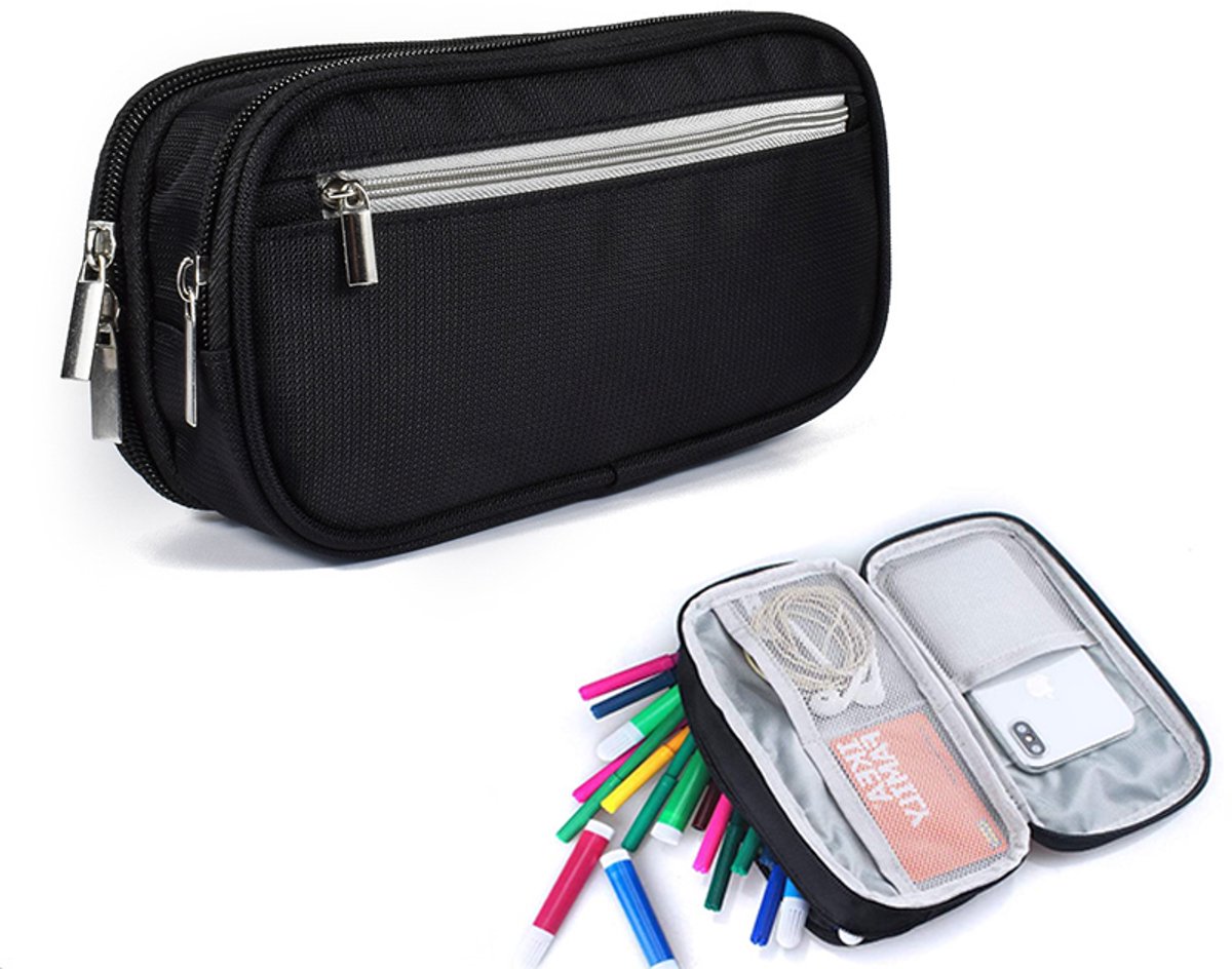 Etui met grote capaciteit - Multifunctioneel etui met drie vakken - Opbergtas voor schrijfwaren - Etui - pennendoos - Pennenetui - 21*10*6 cm - Unisex - Geschikt voor studeren, kantoorwerk, reizen, enz. - Zwart