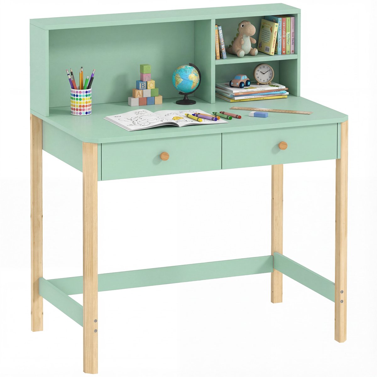 Kinderbureau - studiebureau met lades - plank en opbergruimte voor kinderen van 5 - 12 jaar - 90 x 52 x 105 cm - groen