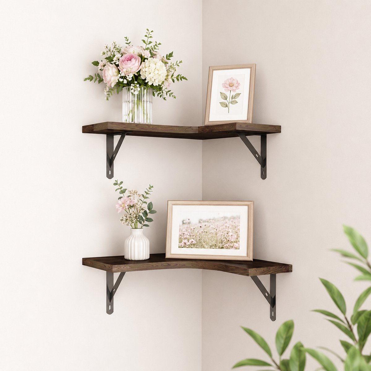 Zwevende planken - 2 stuks - Zwevende hoekplanken voor aan de muur - Wandplanken voor decoratieve opslag - Houten displayrekken voor woondecoratie - Geschikt voor slaapkamer, badkamer, keuken, wasruimte, woonkamer