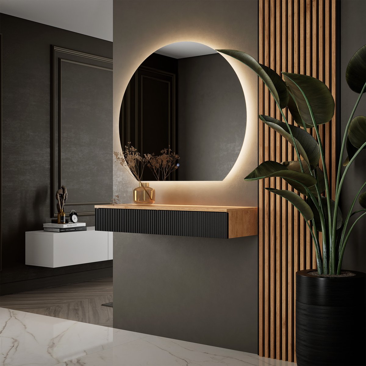 Planetmöbel AMYRA Garderobeset 100 cm – Goud Eiken/Zwart – AUBE LED Spiegel – Akoestiekpanelen – Wandhangend