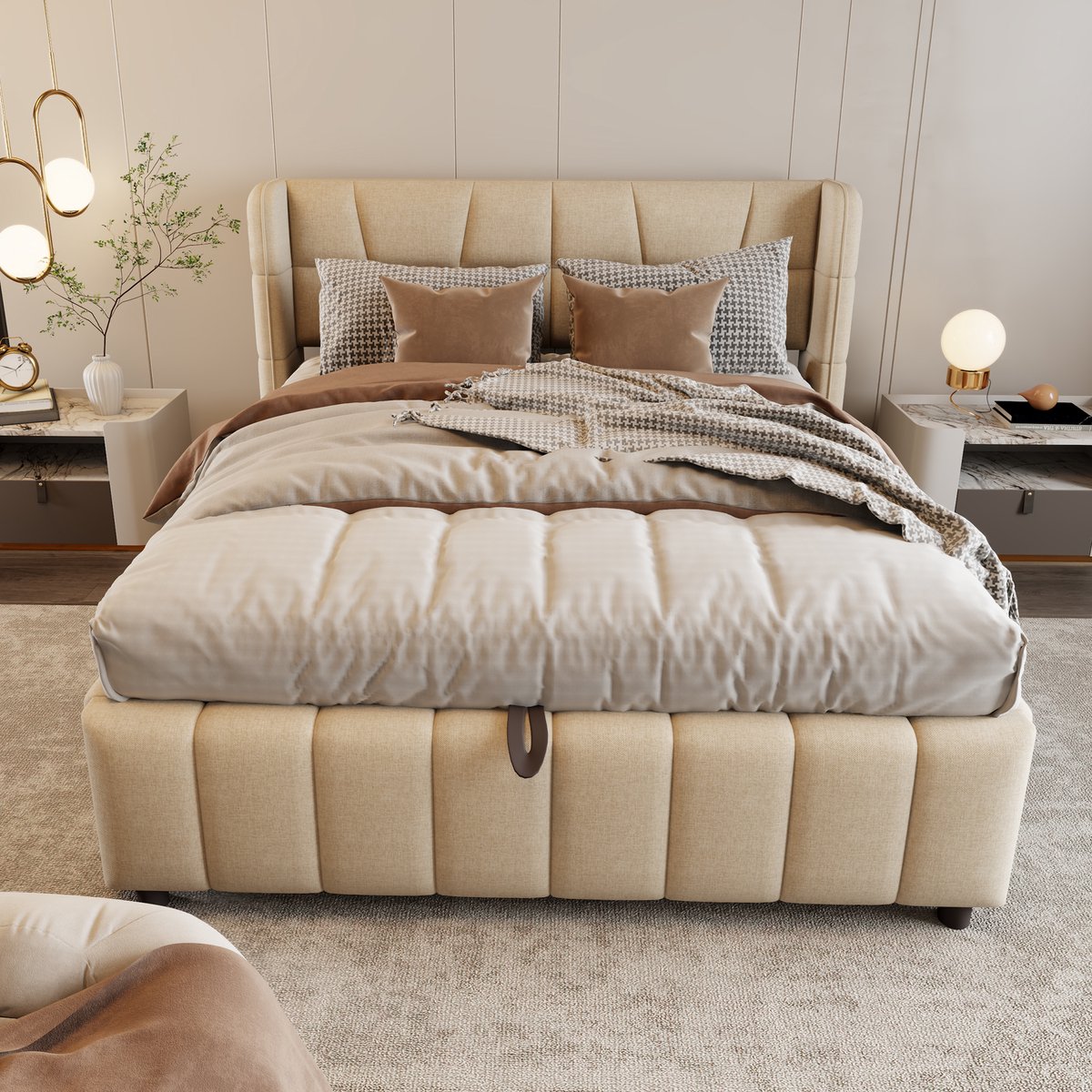 COVREO Bed 140 x 200 cm beige stof, met opbergruimte en lattenbodem