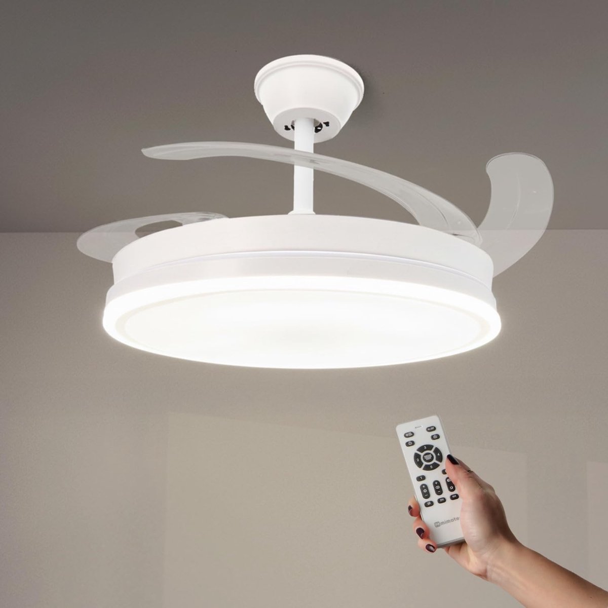 SnelShoppen - Plafondventilator met LED-licht, wit, afstandsbediening, stil, DC-motor, 6 snelheden, intrekbare vleugels, zomer-/winterfunctie, timer,