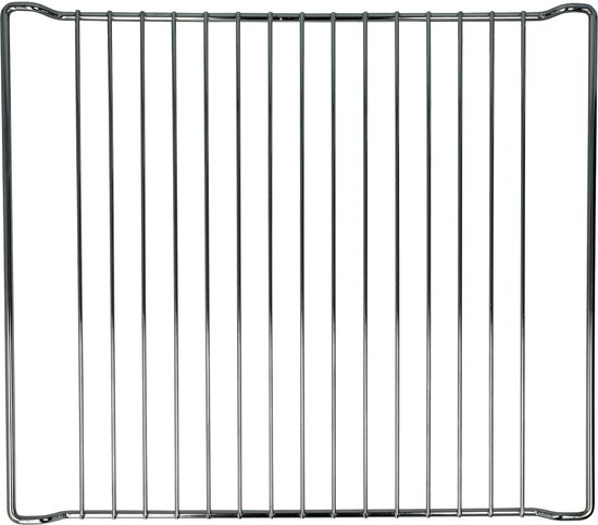 Een zilverkleurig ovenrek met dertien verticale staven en een dubbele staaf aan de boven- en onderkant.
