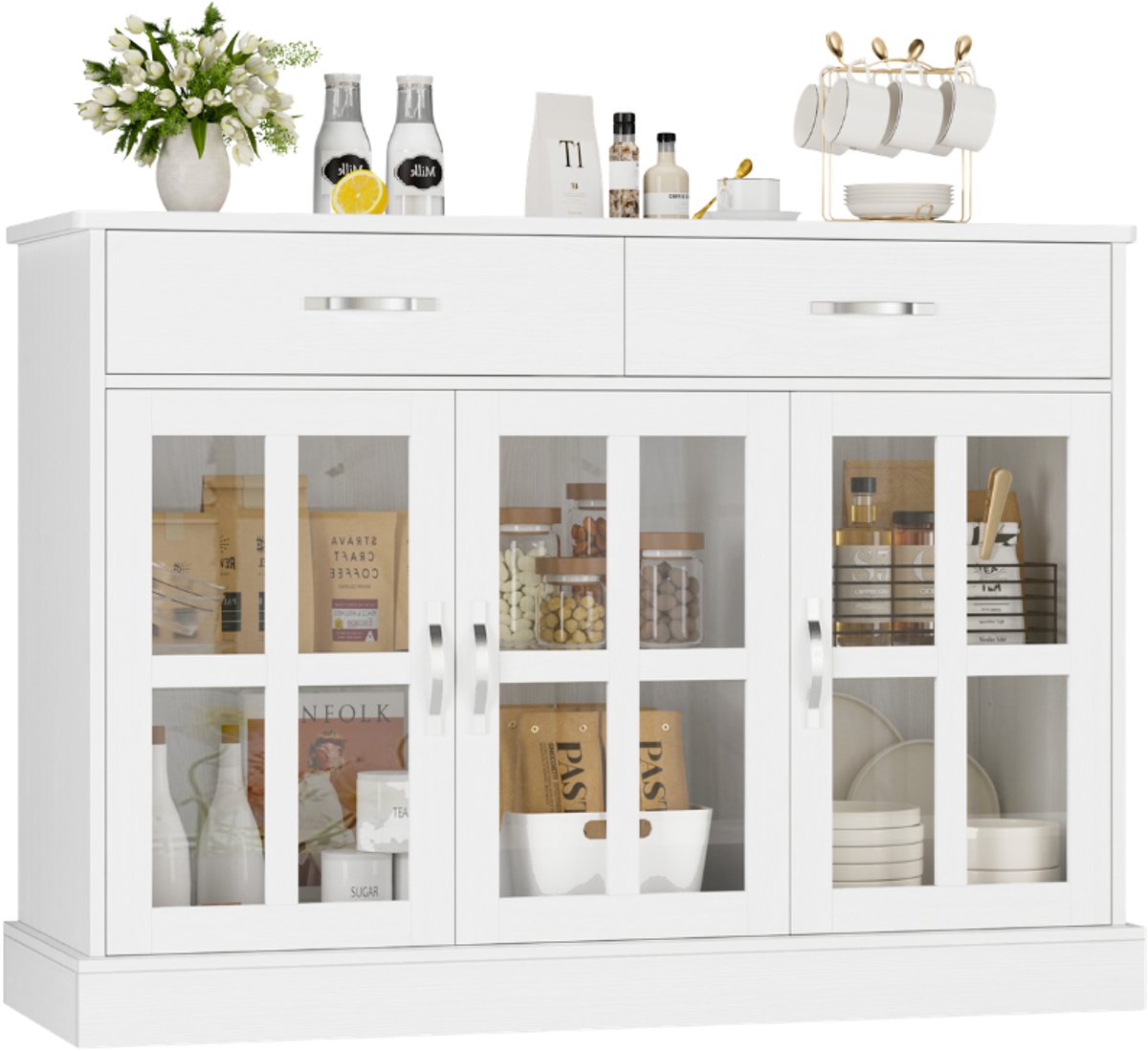 Keukendressoir – Voor Keuken & Eetkamer – Opbergkast met 3 Lades en 3 Glazen Deuren – Wit