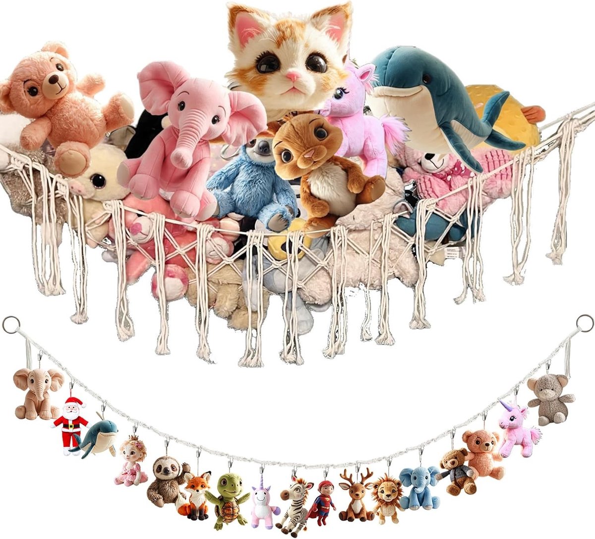 Pluche Speelgoed Opbergnet, 2 Delige Hangmat met 20 Clips, 2M Opbergoplossing voor Knuffeldieren en Teddyberen in Kinderkamer, Boho Macrame Stijl