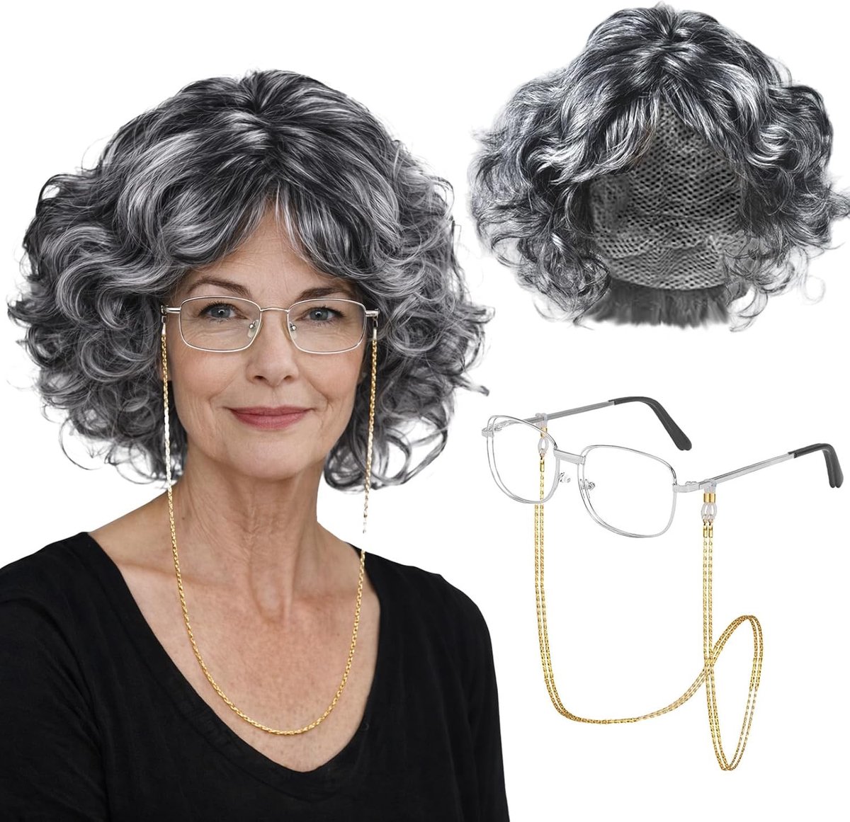 Oudere Dame Kostuum, Cosplay Accessoire Set voor Halloween, Carnaval en Feestjes met Grijze Krullende Peruk, Ketting en Bril
