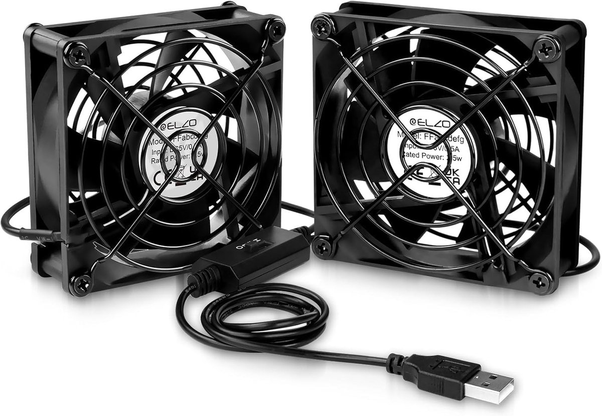 SnelShoppen - USB-ventilator 2 stuks, 5 V, stille mini-tafelventilator met 3 snelheden, axiale ventilator 120 mm in zwart voor pc, camping, thuis of o