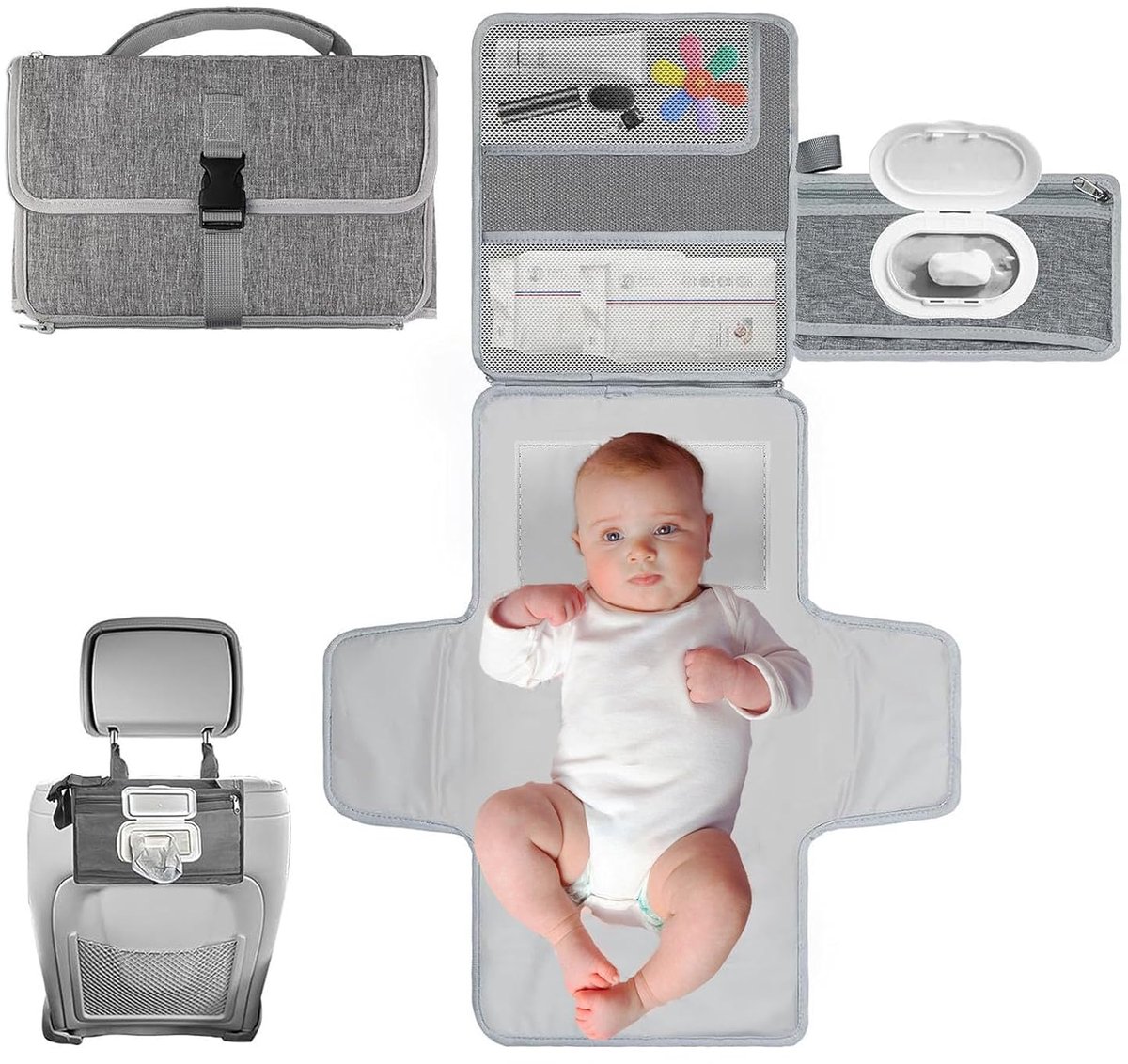 KZQ Draagbare waterdichte luierwisselmat met doekjesdispenser en kinderwagenbanden - Opvouwbaar voor onderweg - Essentieel voor pasgeborenen en reizen - Grijs
