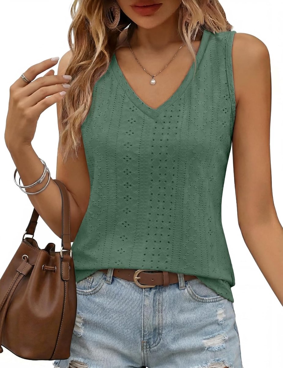 Elegante damestop met V-hals en V-hals, mouwloos, casual, zomertop met ogen, basic bovenstuk