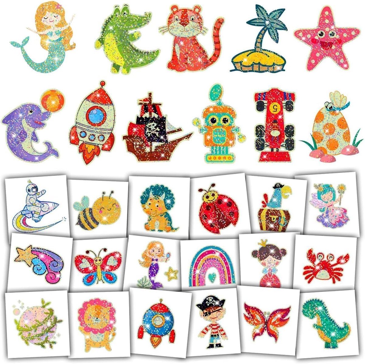 Glitter tatoeages voor kinderen, 204 vellen individueel verpakt nep tijdelijke tatoeages stickers voor jongens Gilrs feesttasvullers, verjaardagscadeaus klasse spellen speelgoed benodigdheden decoraties gunsten