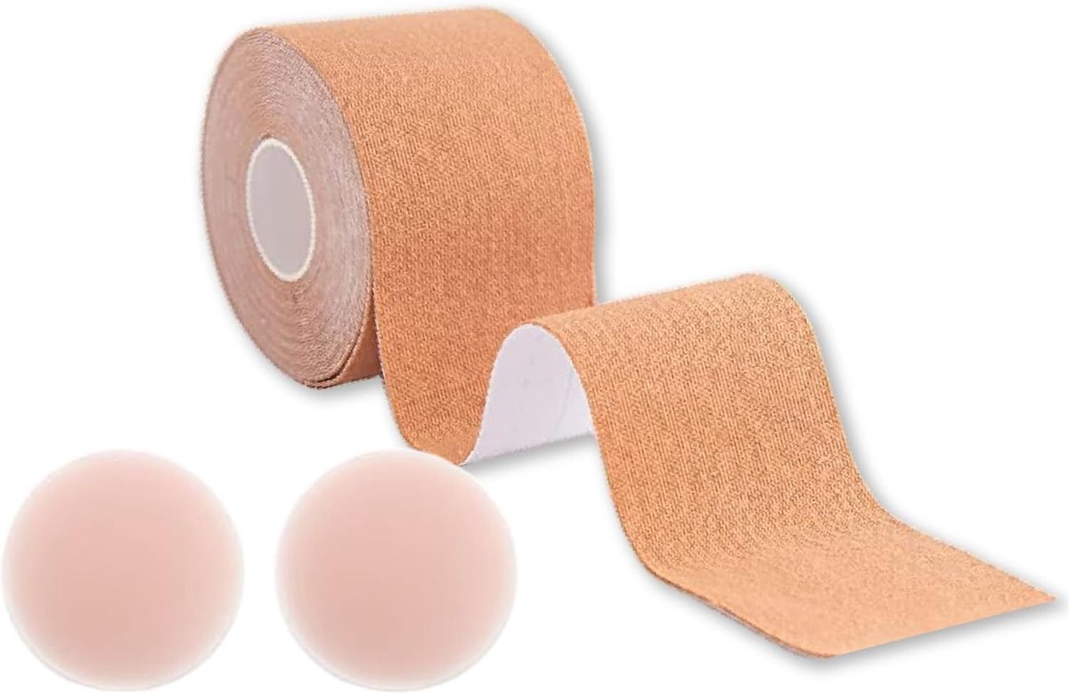 tapes Boobs & Body Tape - Push-Up-Effekt - Zelfklevende BH voor natuurlijke lift, veilige pasvorm, ademend, zweetbestendig - (50 mm x 5 m) (inclusief 2 tepelcovers)