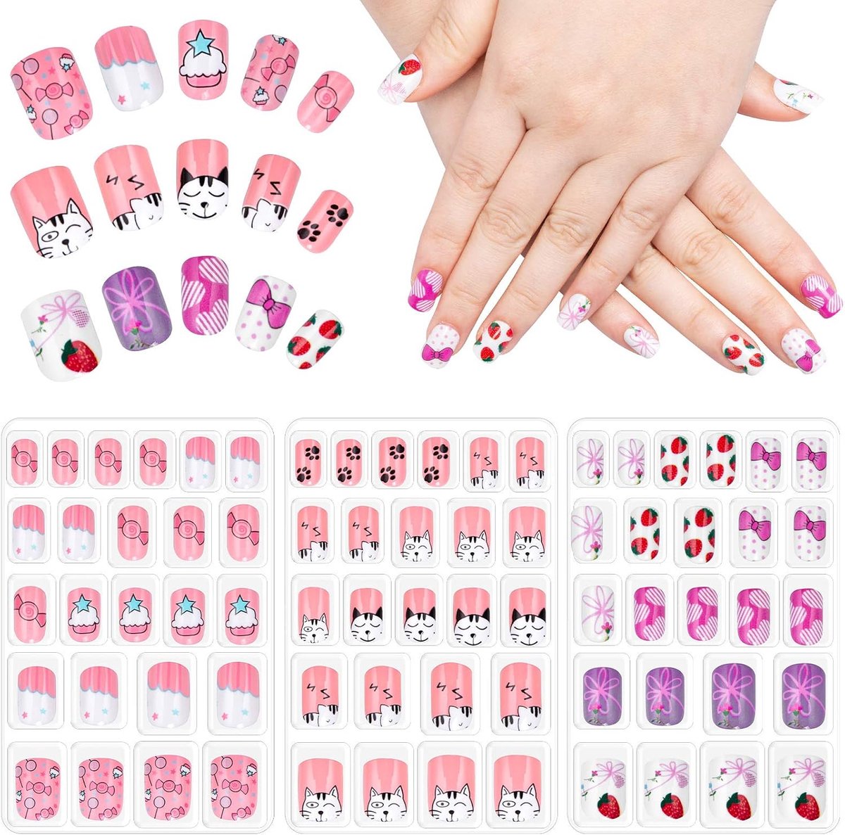 72 stuks kindernagels Press-on voorgelijmde volledige dekking nepnagelkits, 3 stuks schattige kunstnagels tips voor kinderen en tienermeisjes