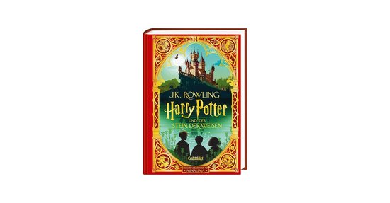 Boek "Harry Potter en de Steen der Wijzen" met illustraties van MinaLima. Rode kaft met gouden versieringen, de tovenaarsschool en drie schaduwen op de voorgrond.
