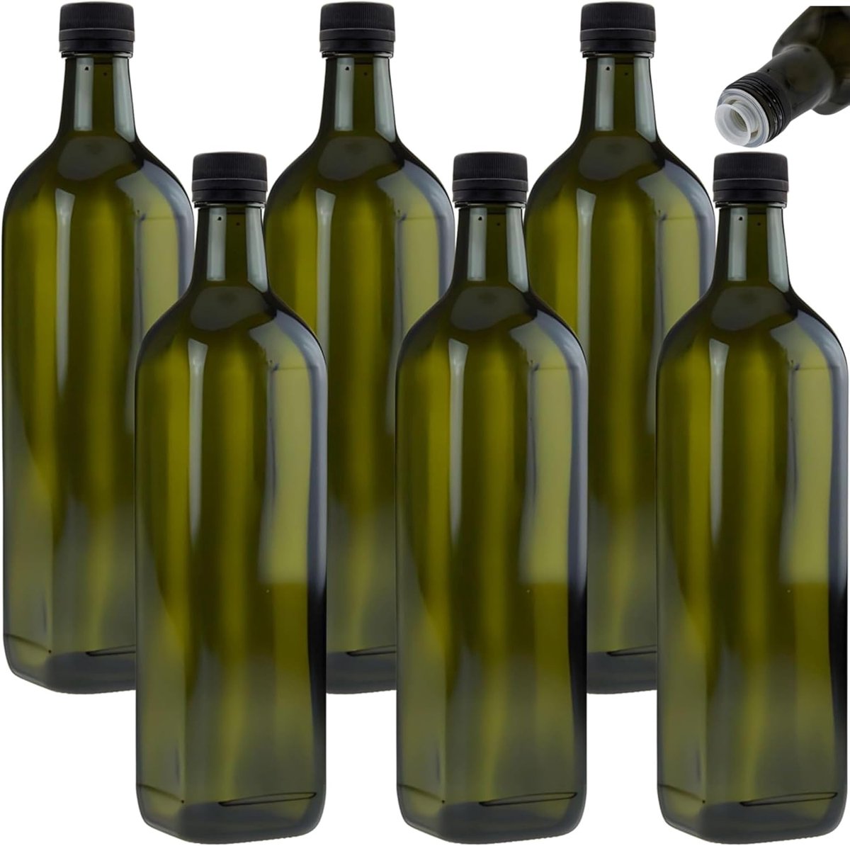 mikken 6 x oliefles 750 ml met schenktuit groen/bruine oliedispenser glazen fles met doseerder en etiketten