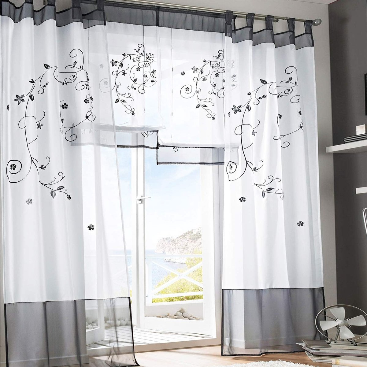 Gordijnen met bloemenpatroon, borduurwerk, raampanelen, voor slaapkamer, woonkamer, decoratie, 2 panelen, grijs, 140 cm x 245 cm (l x h)