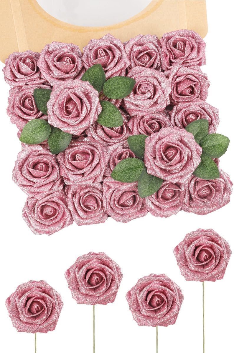 Kunstbloemen, glitterrozen, 25 stuks, doe-het-zelf rozenbloemen met steel voor bruiloft, boeketten, middenstukken, arrangementen, feest, babyshower, kerstversiering en woondecoratie (roze)