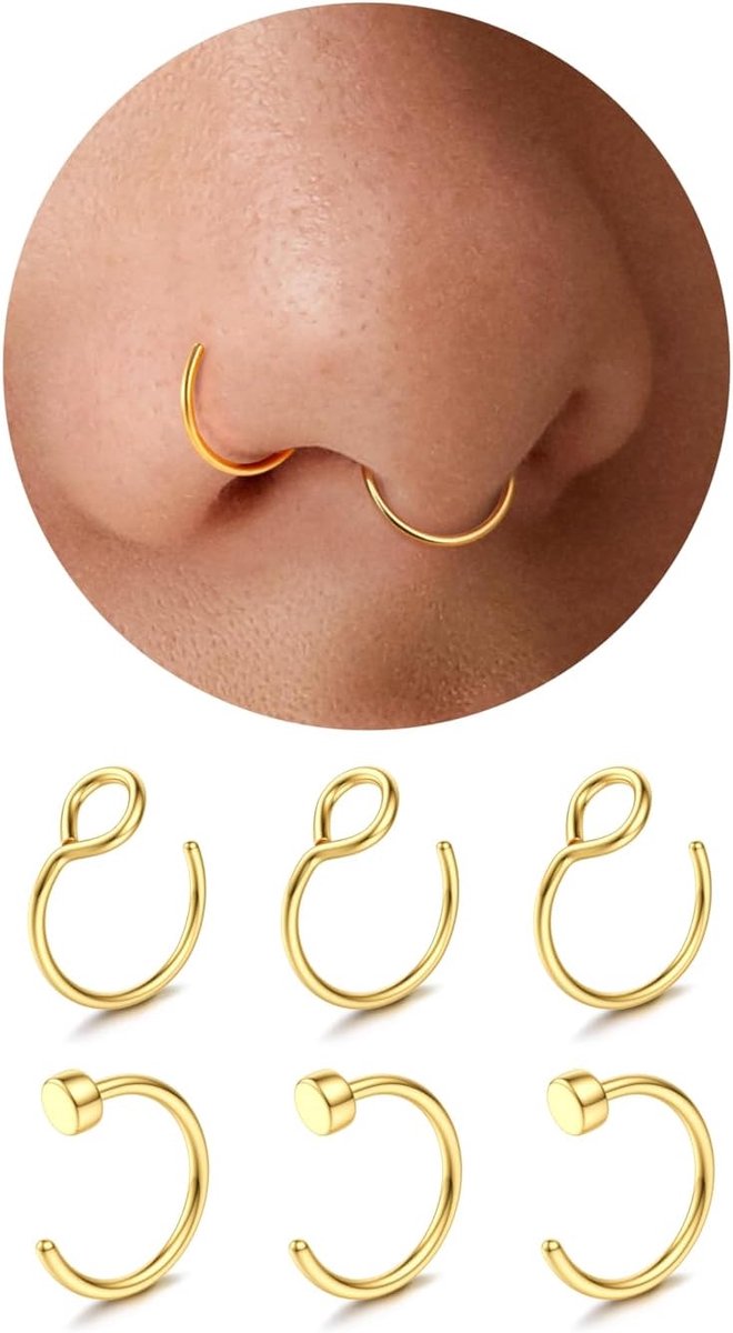 6 STKS Neusring Hoepel Faux Neus Piercing 316L Chirurgisch Staal Nep Septum Lip No-Piercing Oor Buik Lichaam Sieraden 22G/20G/18G 6-8mm