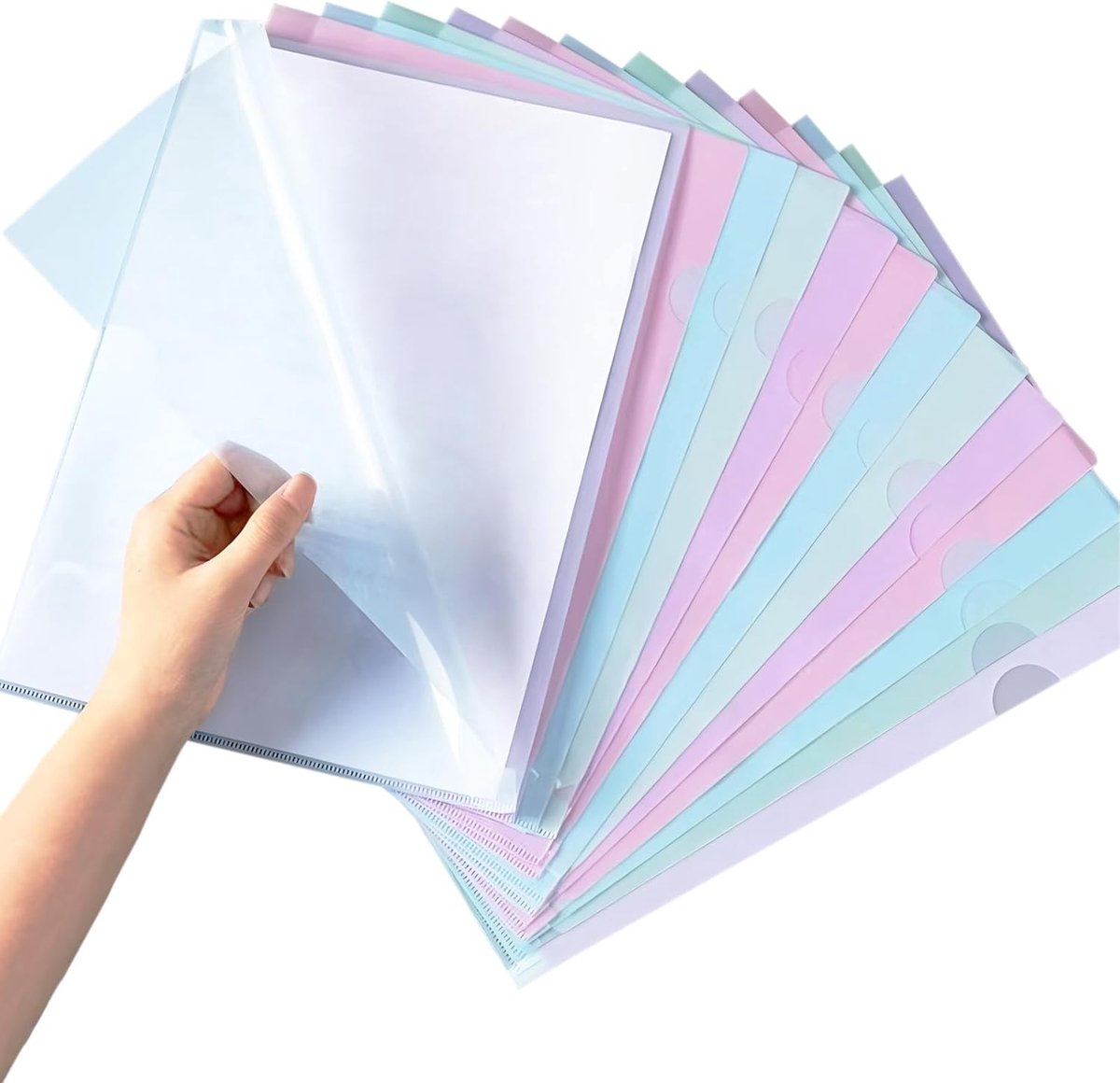 Set van 24 transparante A4 hoezen in kleur - 4 kleuren - Zijdelings open - Voor het opbergen van papier, documenten - Voor kantoor, school
