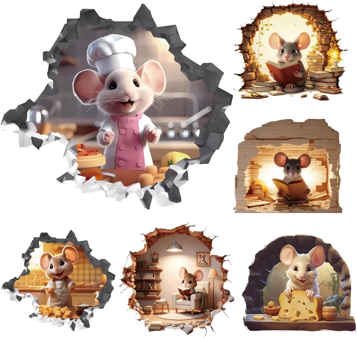 3D Muurschilderij & Muursticker Set, 6 Stuks 3D Muisgat Muurkunst Stickers, Realistische 3D Muurstickers voor Hoeken, DIY Woonkamer Slaapkamer Huisdecoratie