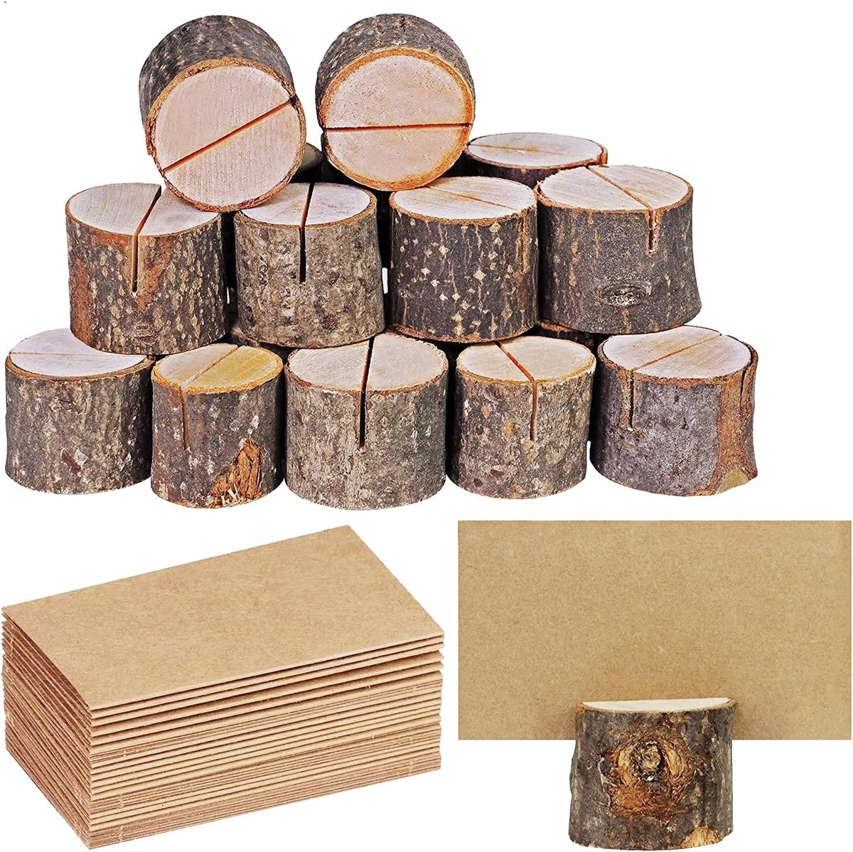 Plaatskaarthouders met Kraftpapieren Kaarten – 40 Stuks – Natuurlijke Houten Basis – Perfect voor Bruiloften, Verjaardagen, Babyshowers, en Decoraties