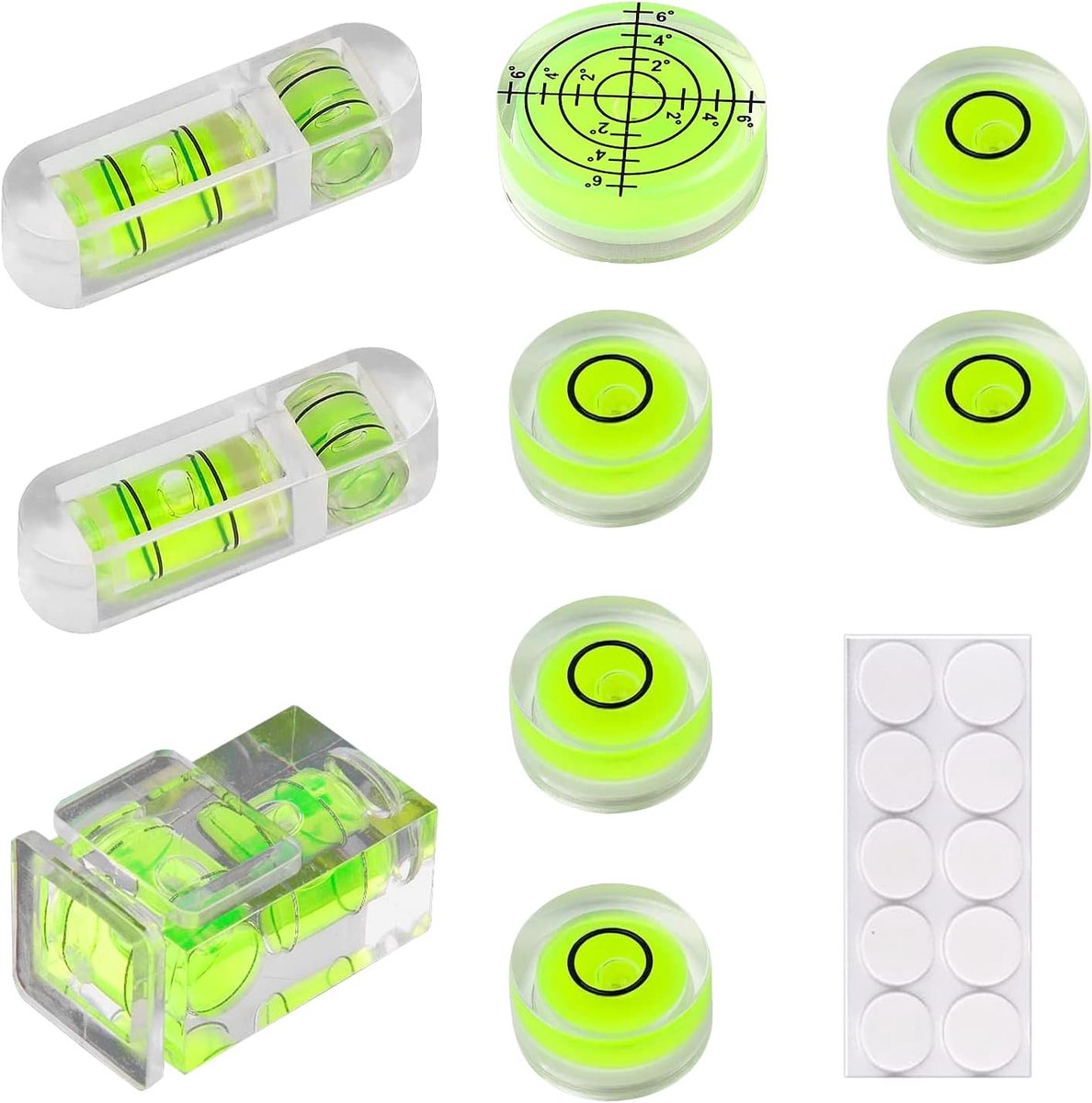 9 Stuks Mini Bubble Spirit Level Precisie Libelle Waterpas Vierkant Ronde Waterpas voor Camera, Camping, Caravan