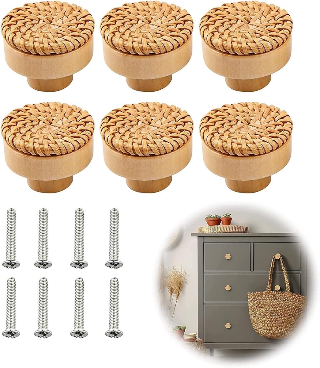 Set van 6 meubelknoppen, rotan, 40 mm, Boheemse meubelknoppen, deurknoppen voor kasten, Boheemse kasten, houten meubelgreep, deurknop voor kast, lade, woonkamer, keukenkasten