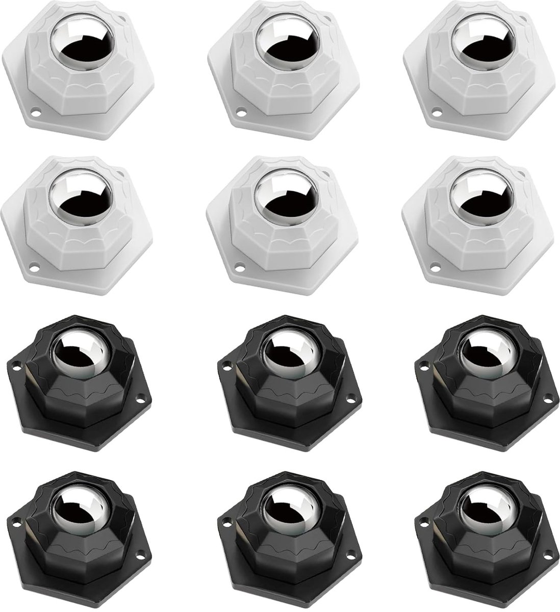 12 stuks meubelwielen, kogelrollen voor meubels, zelfklevend, 360° met 24 schroeven + 12 dubbelzijdige plakbanden voor meubels (zwart en wit)