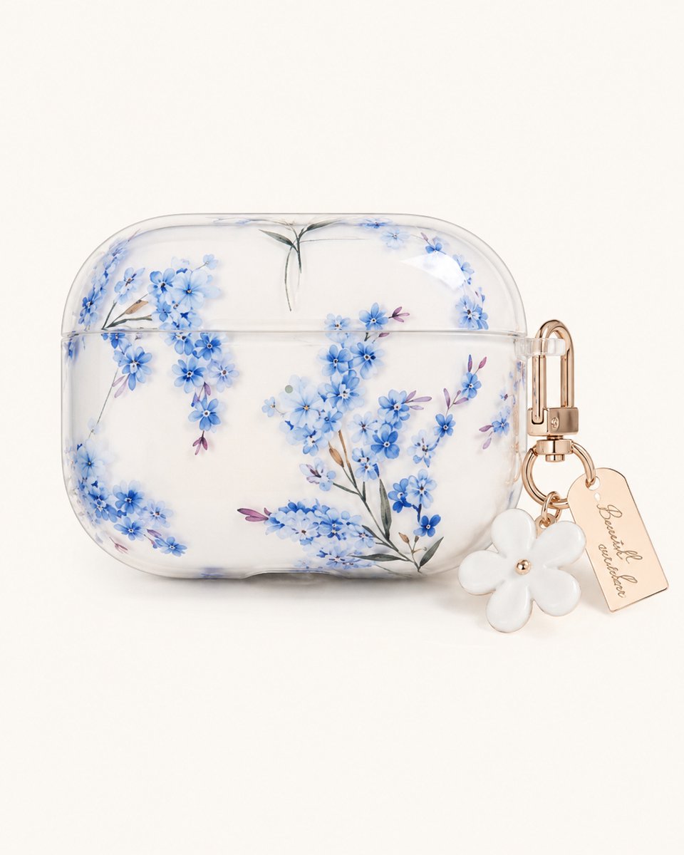 Enluxe Case geschikt voor Airpods 4 - Blauwe Bloesem Wit - Hardcase met Bloemhanger, Schokbestendig Hoesje