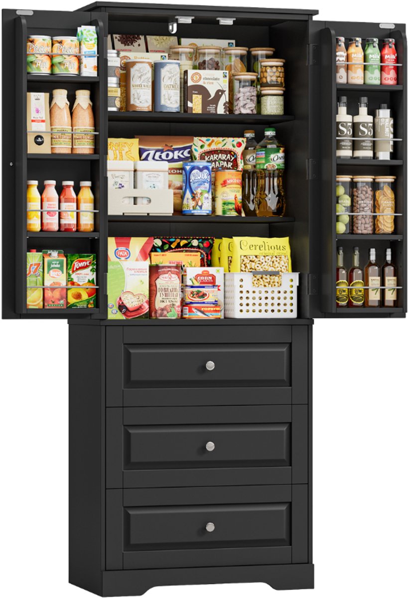 Keukenkast – Voor keukenopslag – 2 deuren, 3 lades, verstelbare planken – Wit, 60x40x150 cm
