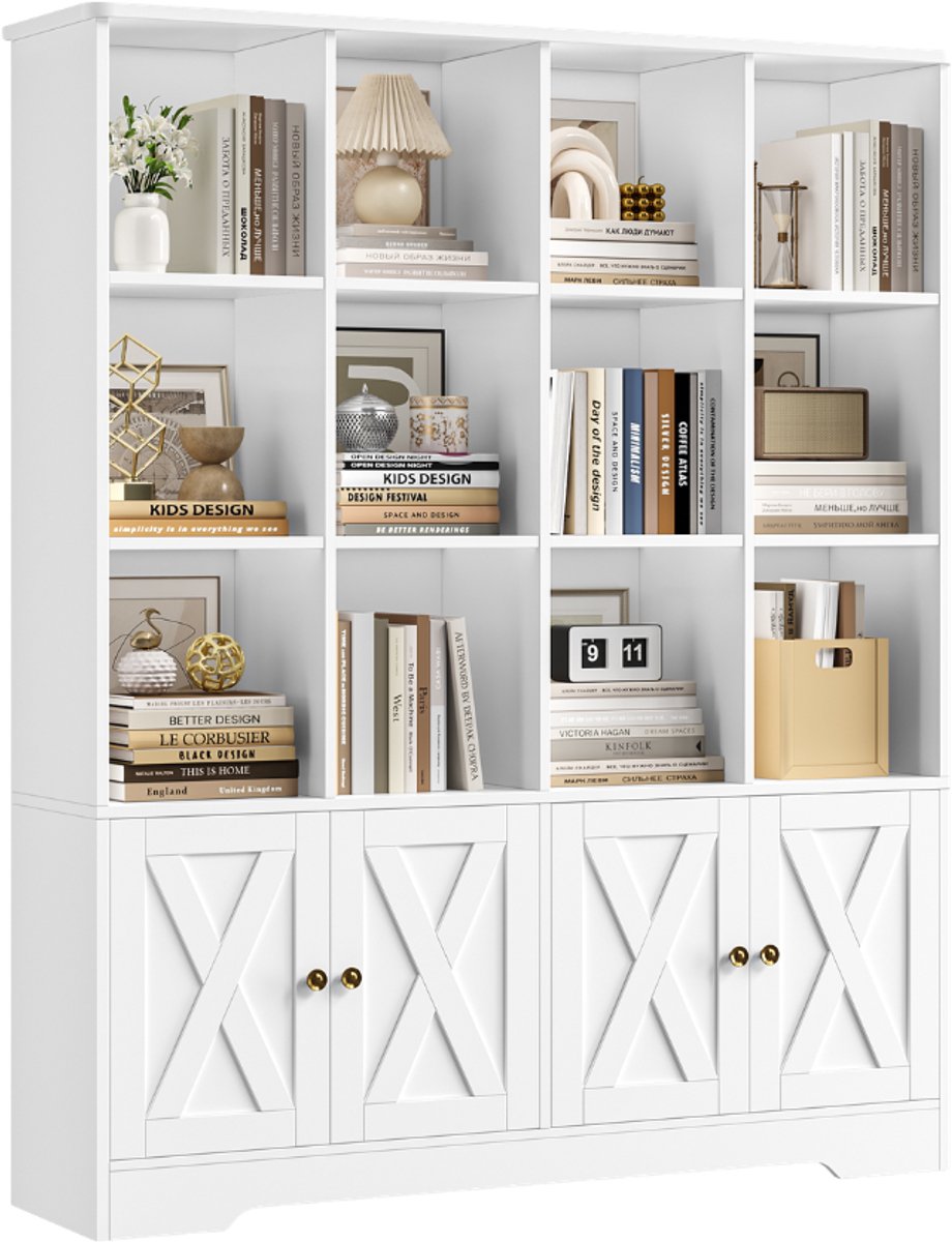 Boekenkast – Voor Woonkamer – Vrijstaand met 12 Open Vakken en 4 Deuren – Houtlook
