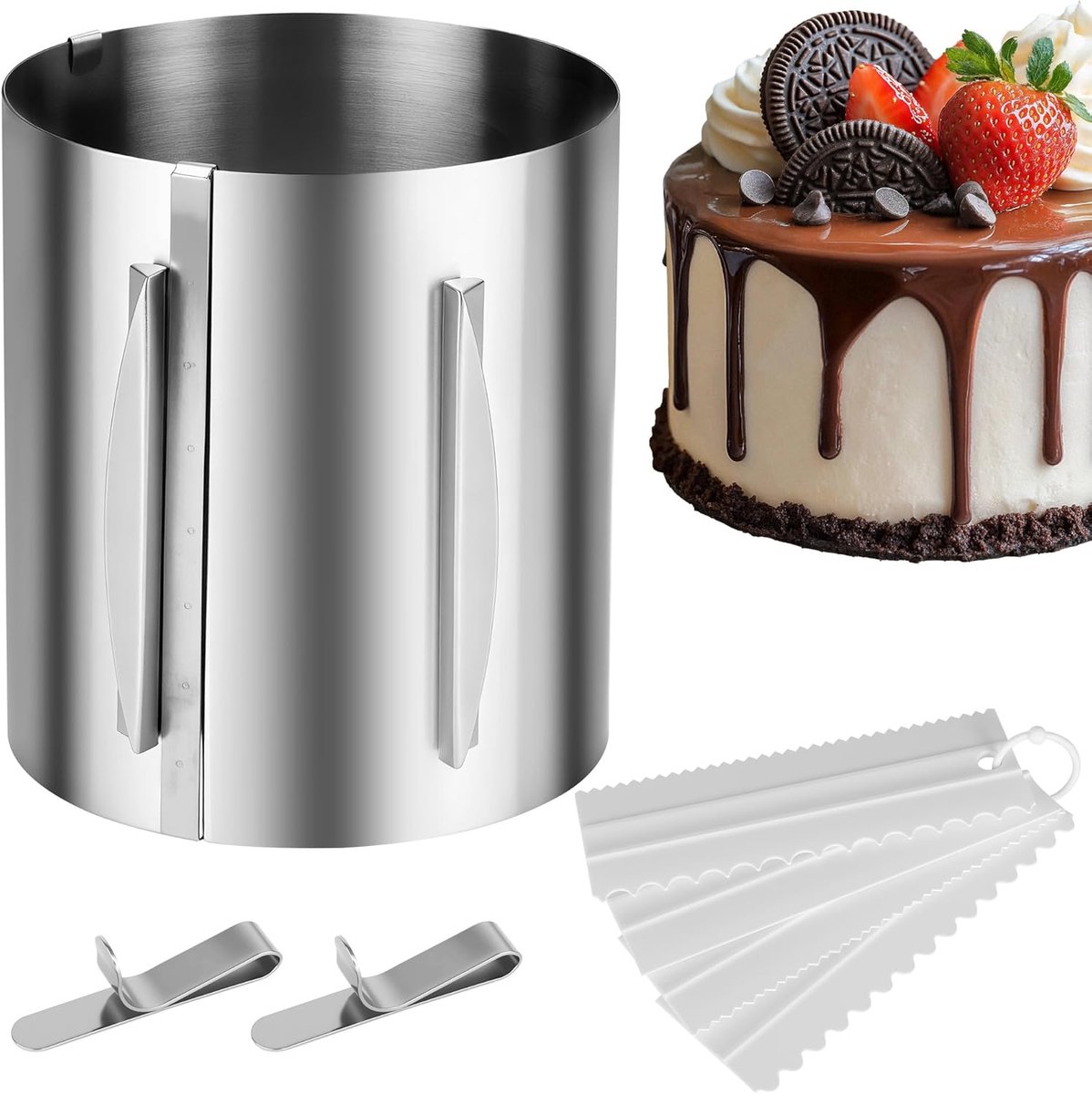 SnelShoppen - 20 cm Hoge Verstelbare RVS Cake Ring (16-30 cm) met Graduated Inner Wall, 2 Tangen en 4-delige Roomschraper voor Bakken en Laagjes Taart