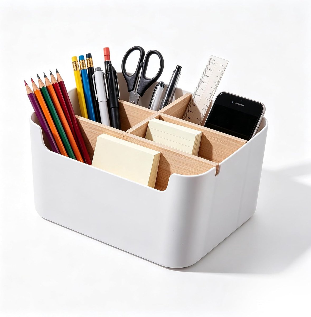 SnelShoppen - Schrijfbureau Organizer met 5 Vakken, Bureau Organizer in Bambus met Stiftenhouder, Opbergdoos Desk Organizer voor Stiften, Cosmetica, W