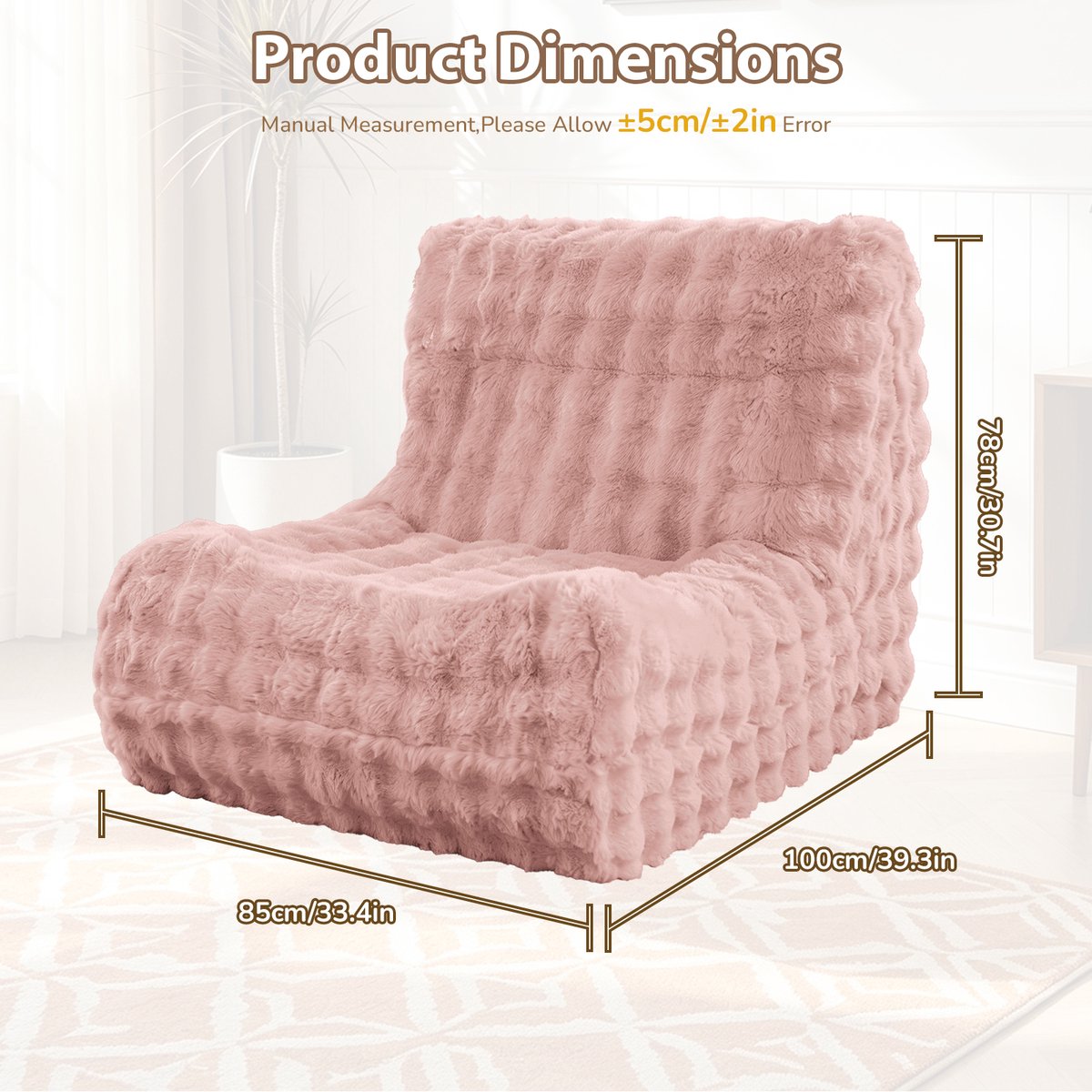 OKWISH Zitzakstoel 100 x 85 x 78 cm - Met Hoge Rugleuning En Zachte Flanellen Bekleding - Voor Woonkamer En Slaapkamer - Roze