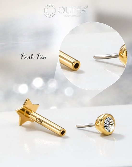 Body Piercing Helix Earrings 16G Push in Tragus Piercing Jewelllery 14K Gold Labret Piercing Stud Clear CZ Lip Piercing bar Threadless Conch Piercing Earring Jewellery — afbeelding 3