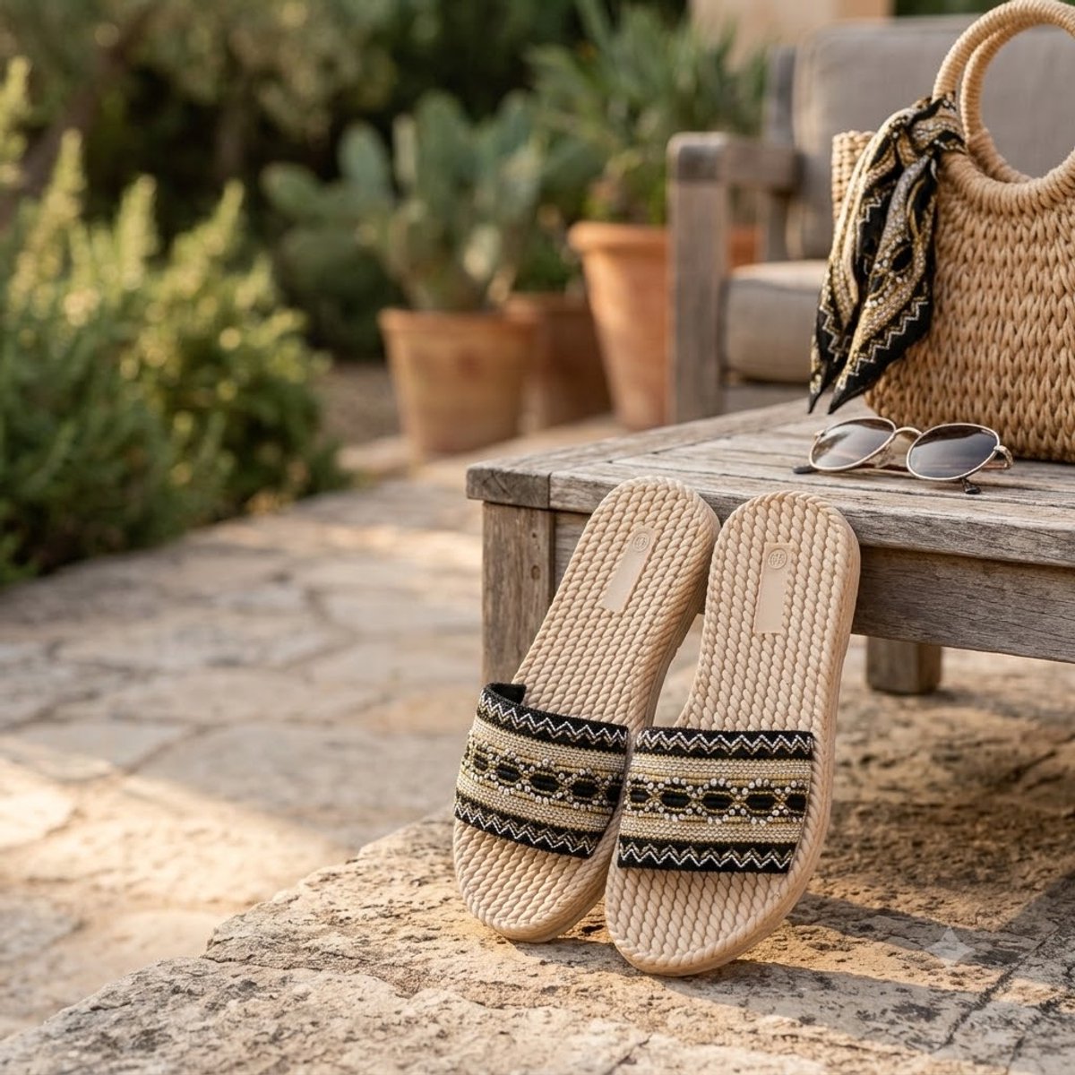 Zwarte dames slippers instap sandalen platte slippers open teen antislip dikke zool bohemian geborduurde band casual zomer slippers maat 38