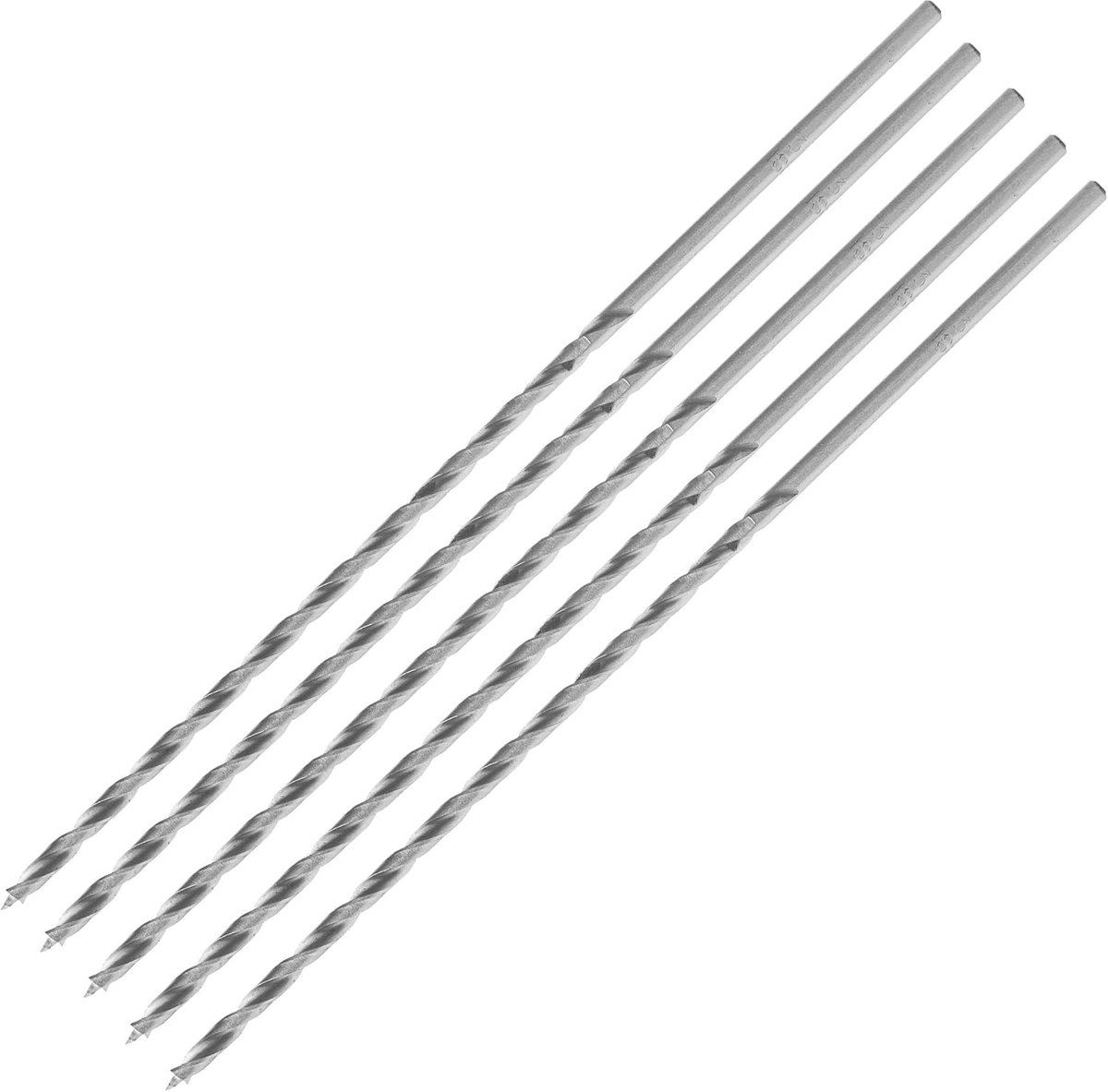 50403 Houtdraaiboor Ø 3 mm, set van 5, extra lang 150mm, met centreerpunt en voorsnijder, D 3 x NL 100 x GL 150mm, cilindrische schacht, Snelstaal