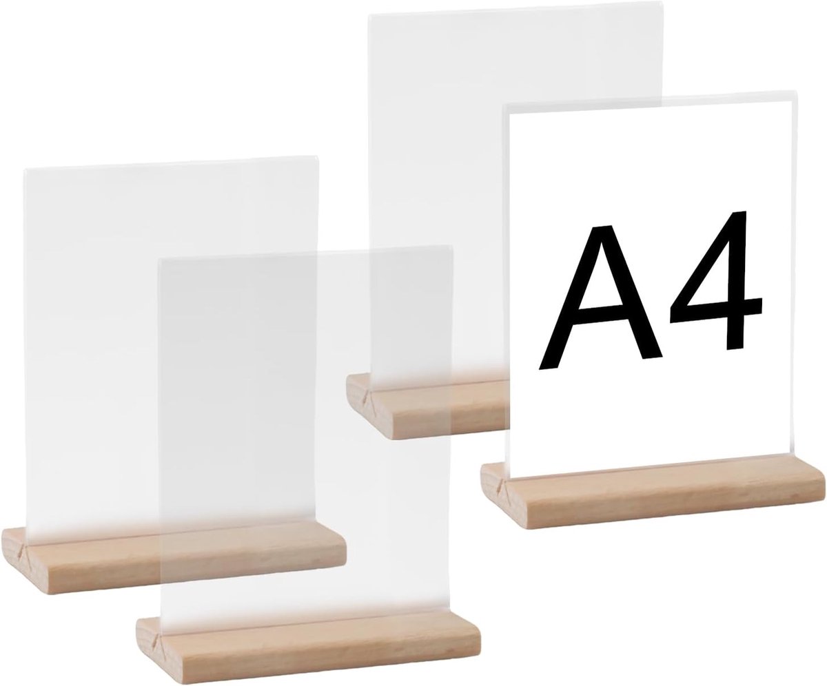 4 stuks A4 acryl bordhouder met houten basis duidelijke menuhouders T-vormige A4 displaystandaard plaats kaarthouders voor kantoor winkel restaurant bruiloft