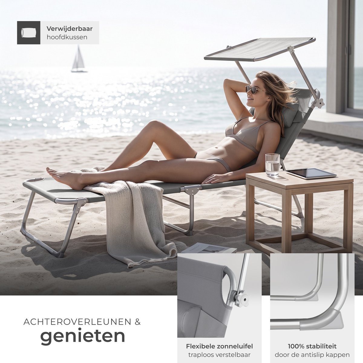 tectake® Ligstoel met Zonnescherm - Opvouwbaar Ligbed - Zonnebed met Verstelbare Rugleuning in 4 Standen - Inclusief Hoofdkussen - Strandstoel voor Buiten - Ideaal voor Tuin, Zwembad, Camping - Grijs — afbeelding 3