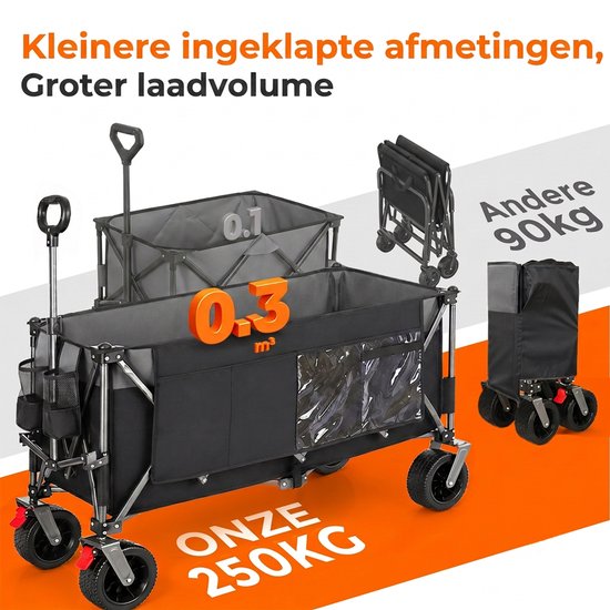 Opvouwbare Bolderkar - Transportkar - Strandkar - Tuinkar - 300L - 250KG - Brede Banden - Met Rem - Strand en Camping - 120x57,5x44cm - Zwart van Opvouwbare Bolderkar — afbeelding 5