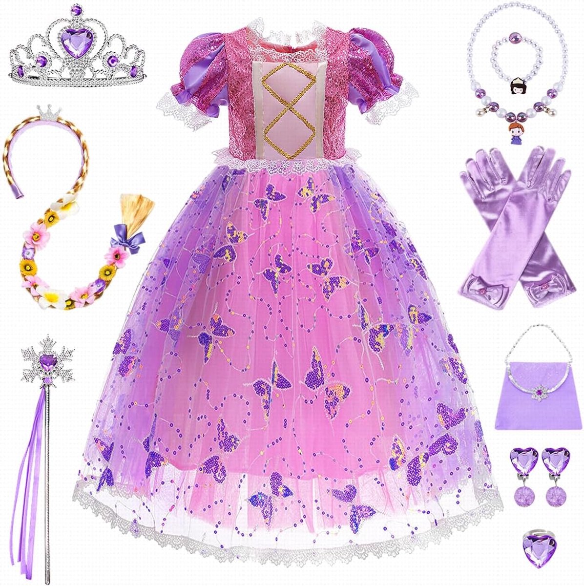 Prinsessenkostuum voor meisjes, paarse prinsessenjurk met kroon en halsketting, carnavalskostuum voor meisjes, prinsessenkostuums voor carnaval, Halloween, cosplay en feesten, verjaardagen