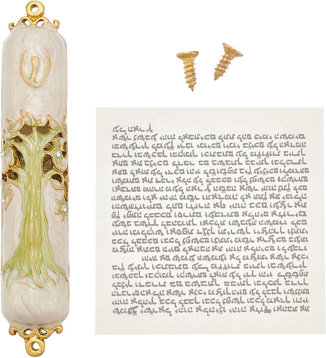 Handgeschilderde Mezuzah, levensboom emaille Mezuzah plaquette met gouden accenten en kristal housewarming zegen, Mezuzah-hoesjes met rol voor huisdecoratie