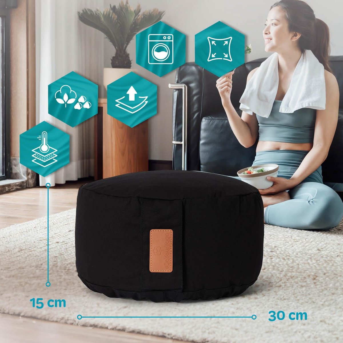 SnelShoppen - Rond Yogakussen 30 cm x 15 cm Zwart - Wasbare Overtrek - Gevuld met Biologische Boekweitschalen - Ideaal voor Yin Yoga en Meditatie