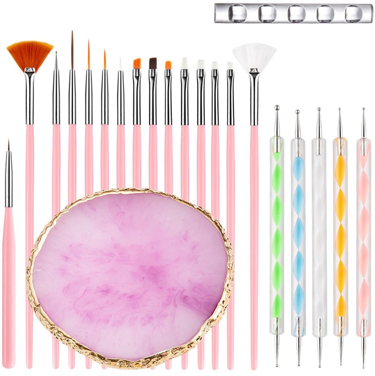 Set 22-delig, Hars Nagelpalet, 2 in 1 Acryl Silicon Graveerstift Dotting Pen Tools Nagelontwerp Kit voor DIY Thuis Salon Make-up Display Bord, roze