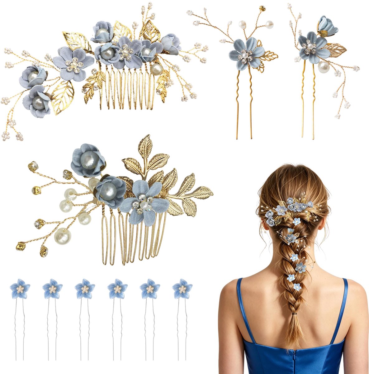 10-Delige Bruiloft Haaraccessoires, Blauwe Haaraccessoires voor Bruid met Bruiloft Haarkam, U-Vormige Kunstparel Haarspelden voor Bruiden Bruidsmeisjes Ceremonies en Kapsels