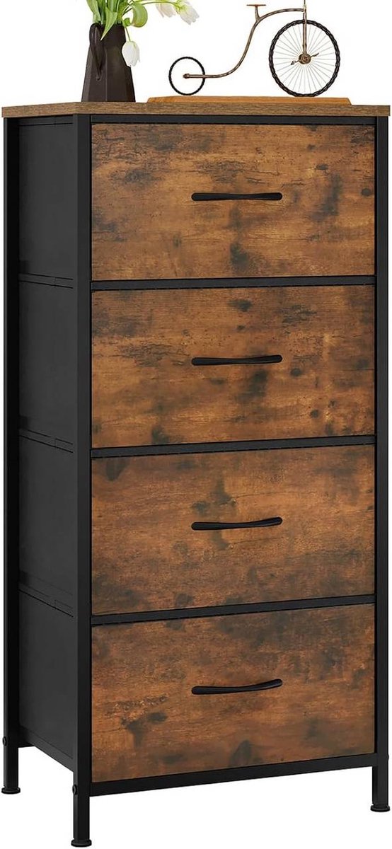 SureDeal® - smalle - Ladekast - 4 lades stof - Dressoir - Industriële stijl - 45x30x95 cm - Bruin